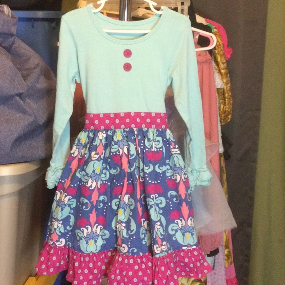 Girls' Mint Knit Top with Navy Floral & Pink Polka-Dot Skirt Dress
